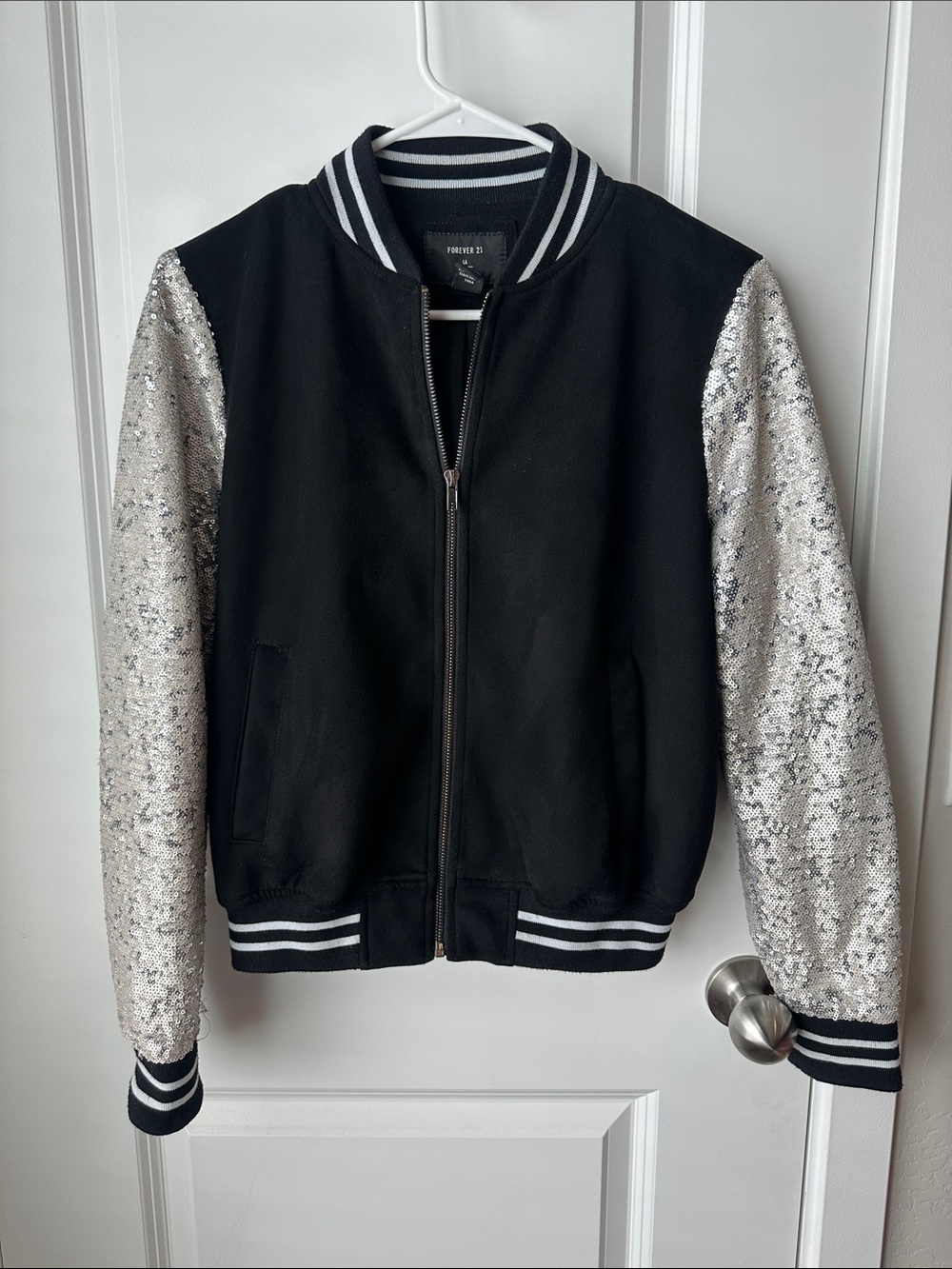 Forever 21 Black Bomber Jacket with Silver Sequin Sleeves